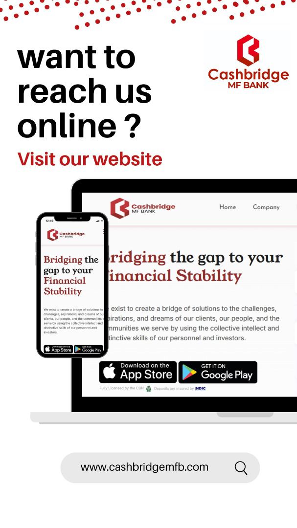 cashbridge_mfb's tweet image. Stay connected with us anytime, anywhere! Visit our website to explore all Cashbridge MF Bank has to offer. 
cashbridgemfb.com