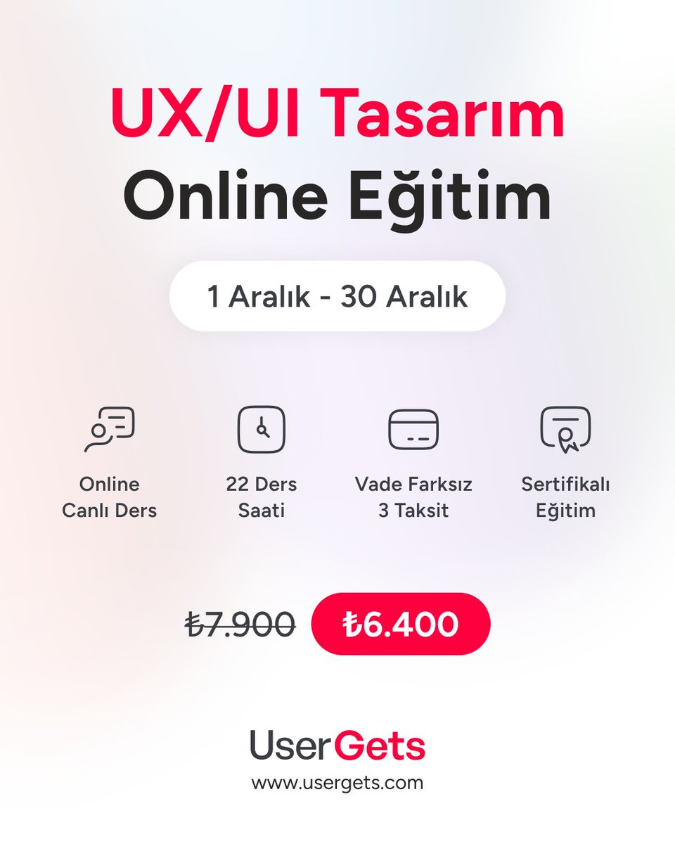 UserGetstr's tweet image. 🚀 Yeni dönem kayıtları başladı!

🎨 UX/UI Tasarım Eğitimi
🔗 usergets.com/egitimler/onli…

💻 Sıfırdan Uzmanlığa Figma Eğitimi
🔗 usergets.com/egitimler/uygu…

🎟️ Erken kayıta özel indirimli fiyat ve sınırlı kontenjan fırsatını kaçırma!

#ux #ui #uxui #uiux #figma