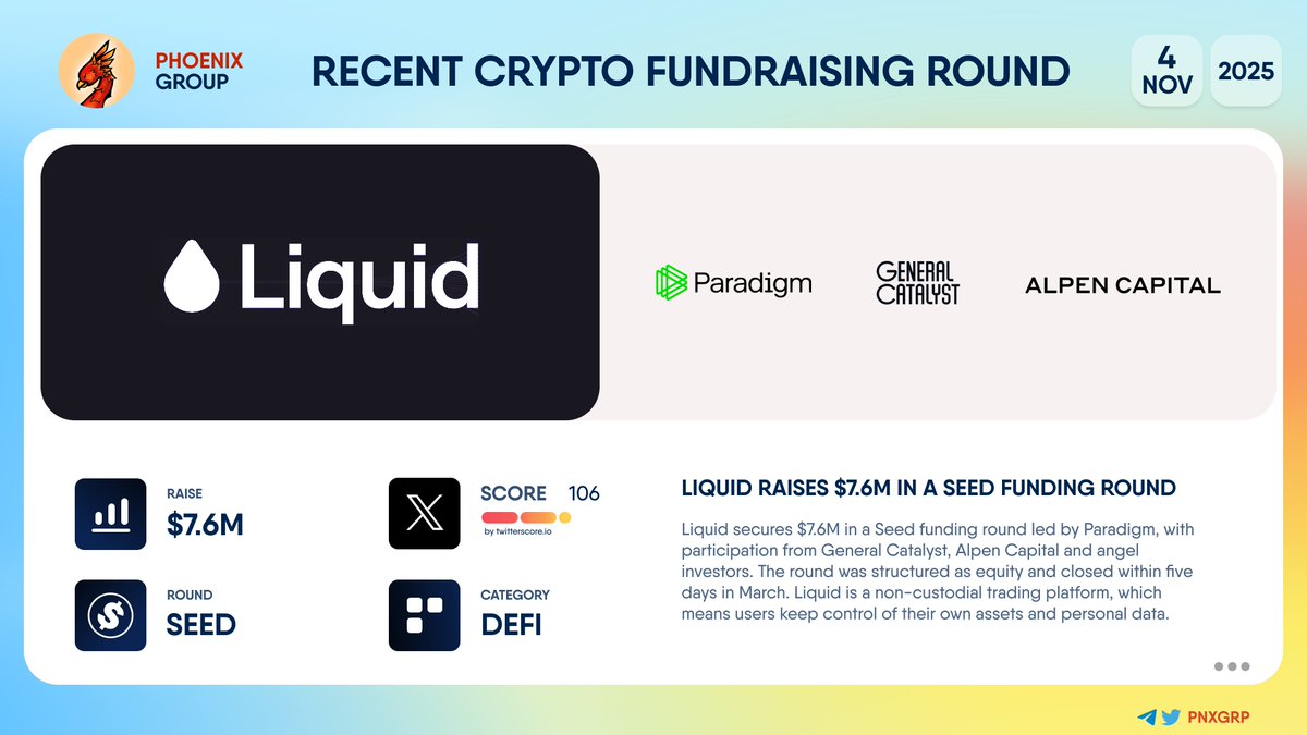 💰 @Liquidtrading raises $7.6M in a Seed funding round #Liquid secures  $7.6M in a Seed funding round led by @Paradigm, with participation from  @GeneralCatalyst, @Alpen and angel investors. The round was structured