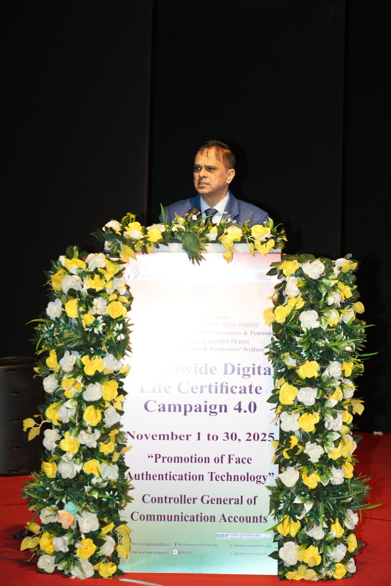 DOPPW_India's tweet image. Sh V Srinivas, Secretary (P&amp;amp;PW), addressed the participants during the Mega Camp organized by O/o Controller of Communication Accounts, Gujarat, on 4th  November, 2025 at Tagore Hall, Ahmedabad, under Nationwide DLC Campaign 4.0, highlighting the Government policy of Minimum…