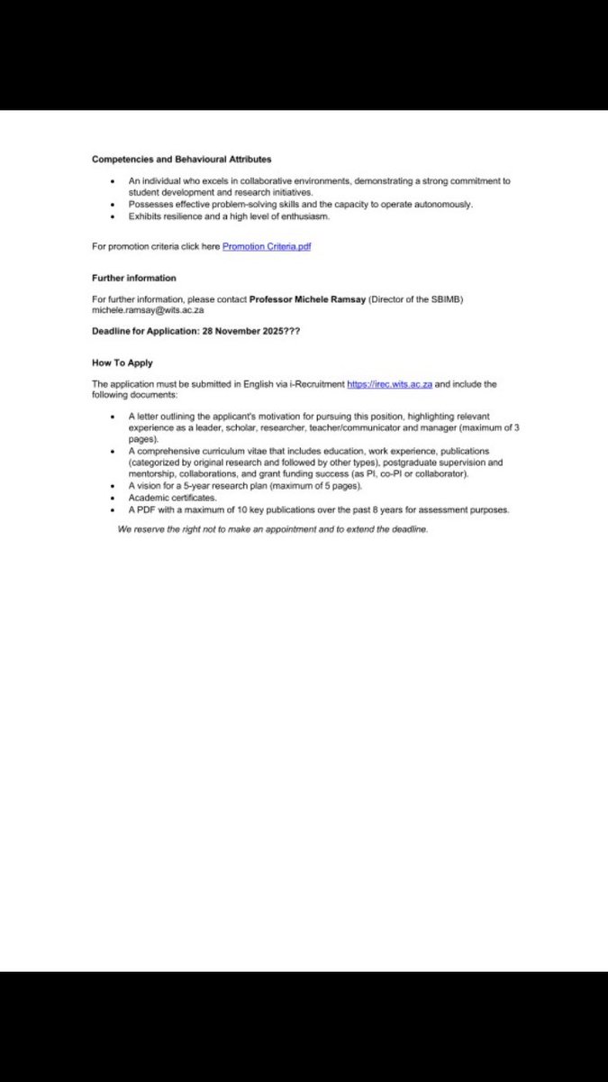 Opportunity alert 🚨 for a Research Professor who will be the Roche Research Chair for Precision Medicine and Genomics in Africa at <a href="/WitsUniversity/">Wits University</a> South Africa 🇿🇦 

Deadline: 28 November 2025 

Please do share with all your networks. The advert is attached with details below 👇🏿
