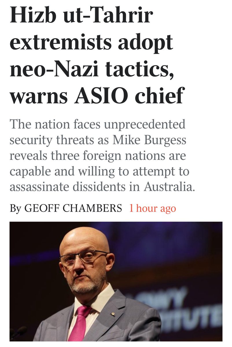 MenachemV's tweet image. Islamic Extremist Group Hizb ut-Tahrir adopts neo-Nazi tactics

“Hizb ut-Tahrir wants to test &amp;amp; stretch the boundaries of legality without breaking them. As with the neo-Nazis, this does not make its behaviour acceptable.” Mike Burgess ASIO

via @australian