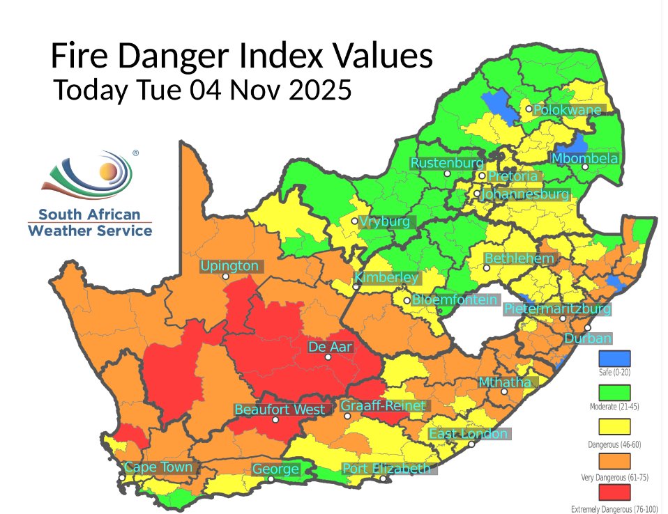 FDI for today, 04 November 2025: Extremely fire danger conditions are expected in places in Northern Cape, Western Cape and Eastern Cape.
#SAWS #SAWeather #weatheroutlook #besafe