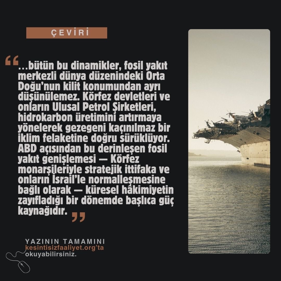 Orta Doğu ve Fosil Kapitalizm: Petrol, Militarizm ve Küresel Düzen- Adam Hanie

Kesintisiz Faaliyet Çeviri Kolektifi

Yazının tamamını okumak için:
kesintisizfaaliyet.org/orta-dogu-ve-f…