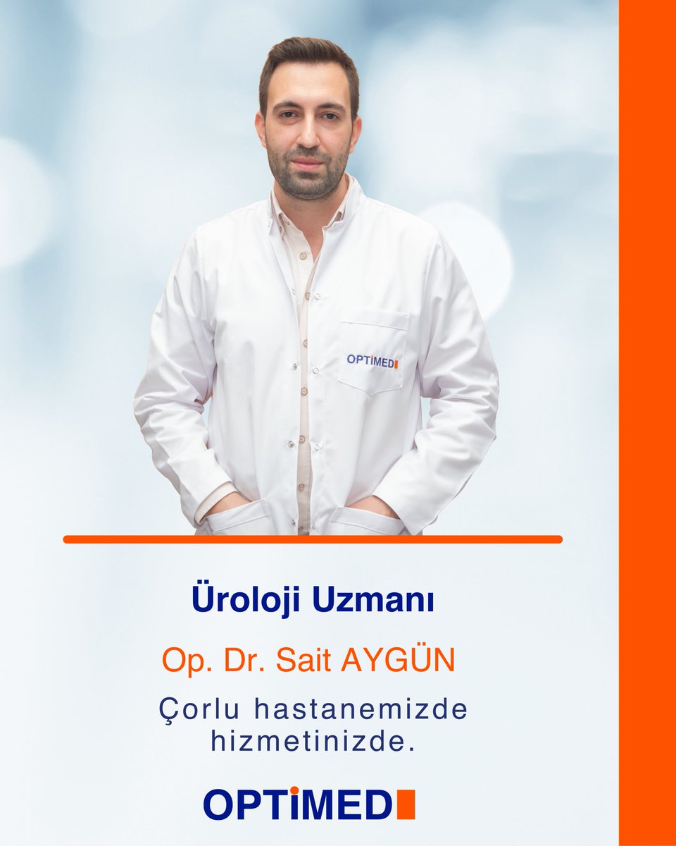 Üroloji Uzmanı Op. Dr. Sait AYGÜN, Optimed International Çorlu Hastanesi’nde hasta kabulüne başlamıştır.

☎Detaylı bilgi ve randevu için 0282 726 05 55 numaralı çağrı merkezimizi arayabilirsiniz.

#OptimedHastanesi #OptimedSağlıkGrubu #SağlığınızGüvende #Üroloji #ÜrolojiUzmanı