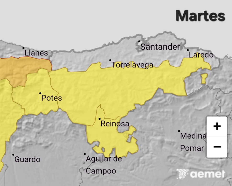 ⚠️Avisos por VIENTO:

 #Liébana: 
🟡entre las 12h y el final del día
🟠del inicio del miércoles a las 18h
🟡de 18h de mañana a la medianoche

Centro y #ValleDeVillaverde: 
🟡entre las 18h de hoy y el final de miércoles

#Cantabria del Ebro
🟡de 18h del martes a las 18h de mañana