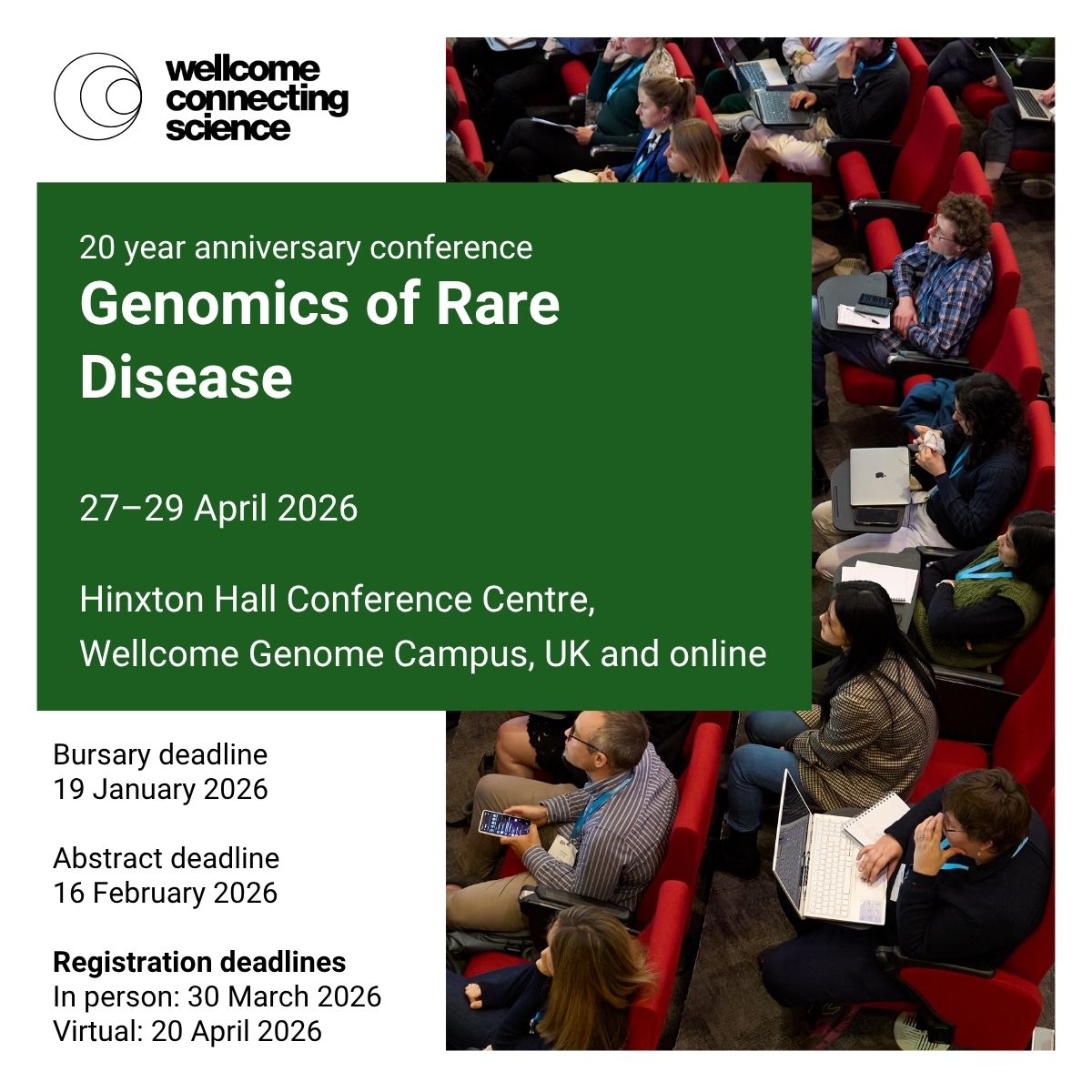 Bursaries to support your participation at Genomics of Rare Disease 2026! 🔬🧬
#GRD26

Apply by 19 January to be considered for financial assistance 💰

Register to join global peers in celebrating 20 years of groundbreaking rare disease research. 

📎 bit.ly/3INGN4b