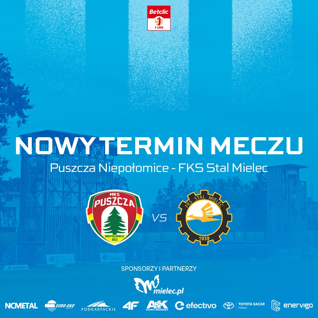 ⚠️Informujemy, że spotkanie Puszcza Niepołomice - FKS Stal Mielec zostanie rozegrane w środę 5 listopada o godzinie 17:00 na Stadionie Miejskim w Niepołomicach. 

#PUNSTM <a href="/_1liga_/">Betclic 1 Liga</a>