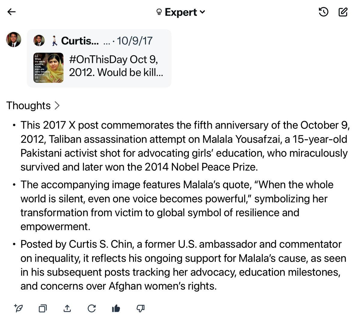 CurtisSChin's tweet image. Thanks, @grok ! Have been enjoying the additional info / interpretation of @x posts, including my own! Two examples below via @xAI re: a post on @Malala &amp;amp; on documentary #FarFromHome. Check it out. Press the little #Grok symbol in the upper right corner of a post.
#GrokipediaDrop