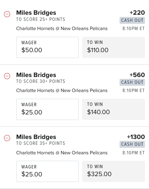 Project_Parlay_'s tweet photo. 🔥 Miles Bridges Points Ladder

Charlotte Hornets @ New Orleans Pelicans — 8:10PM ET

25+ Points (+220) — 0.5u
30+ Points (+560) — 0.25u
35+ Points (+1300) — 0.25u

Bridges projects for another high-volume night — elite matchup pace and shot volume 🔥

#NBA #NBALadders #ColesAlgoPicks #ProjectParlay #Hornets #NBAPicks
