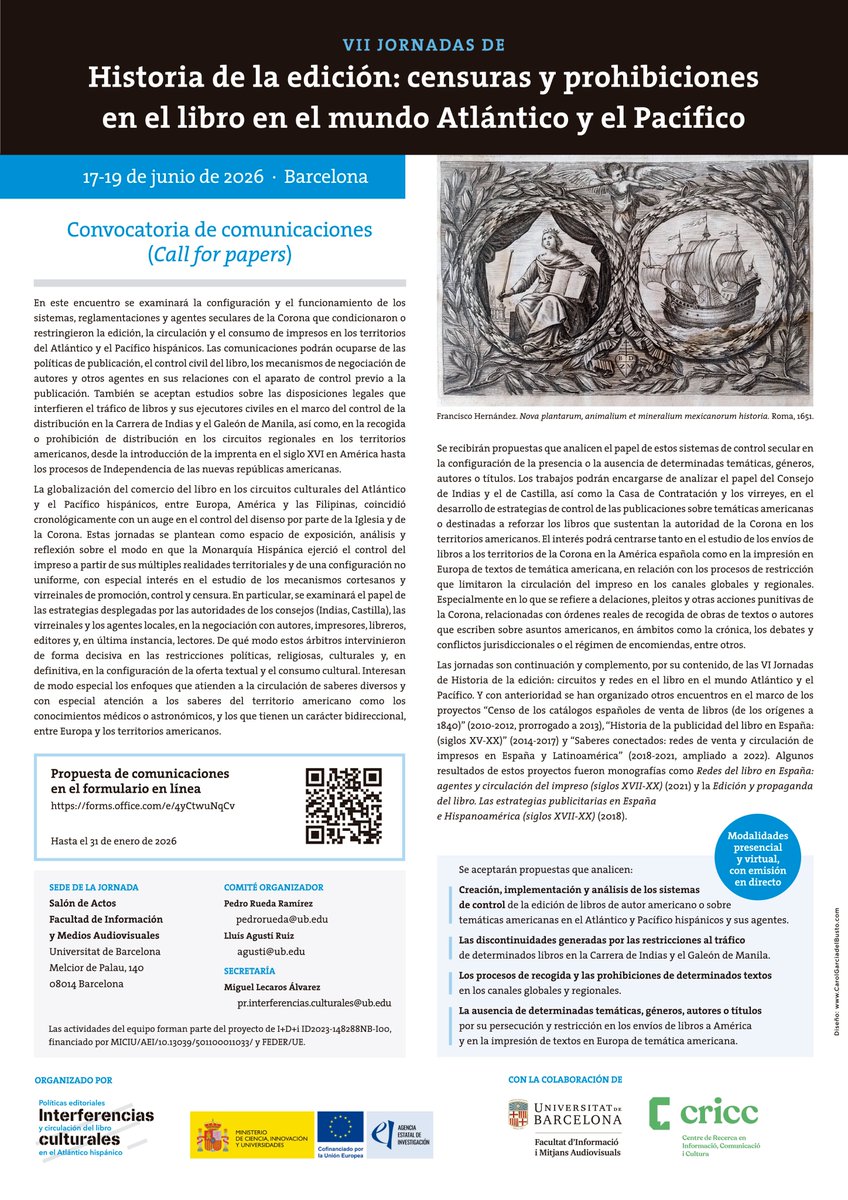 Call for papers de las VII Jornadas de Historia de la edición: censuras y prohibiciones en el libro en el mundo Atlántico y el Pacífico, 17-19 de junio de 2026 (Barcelona), presencial y virtualmente.