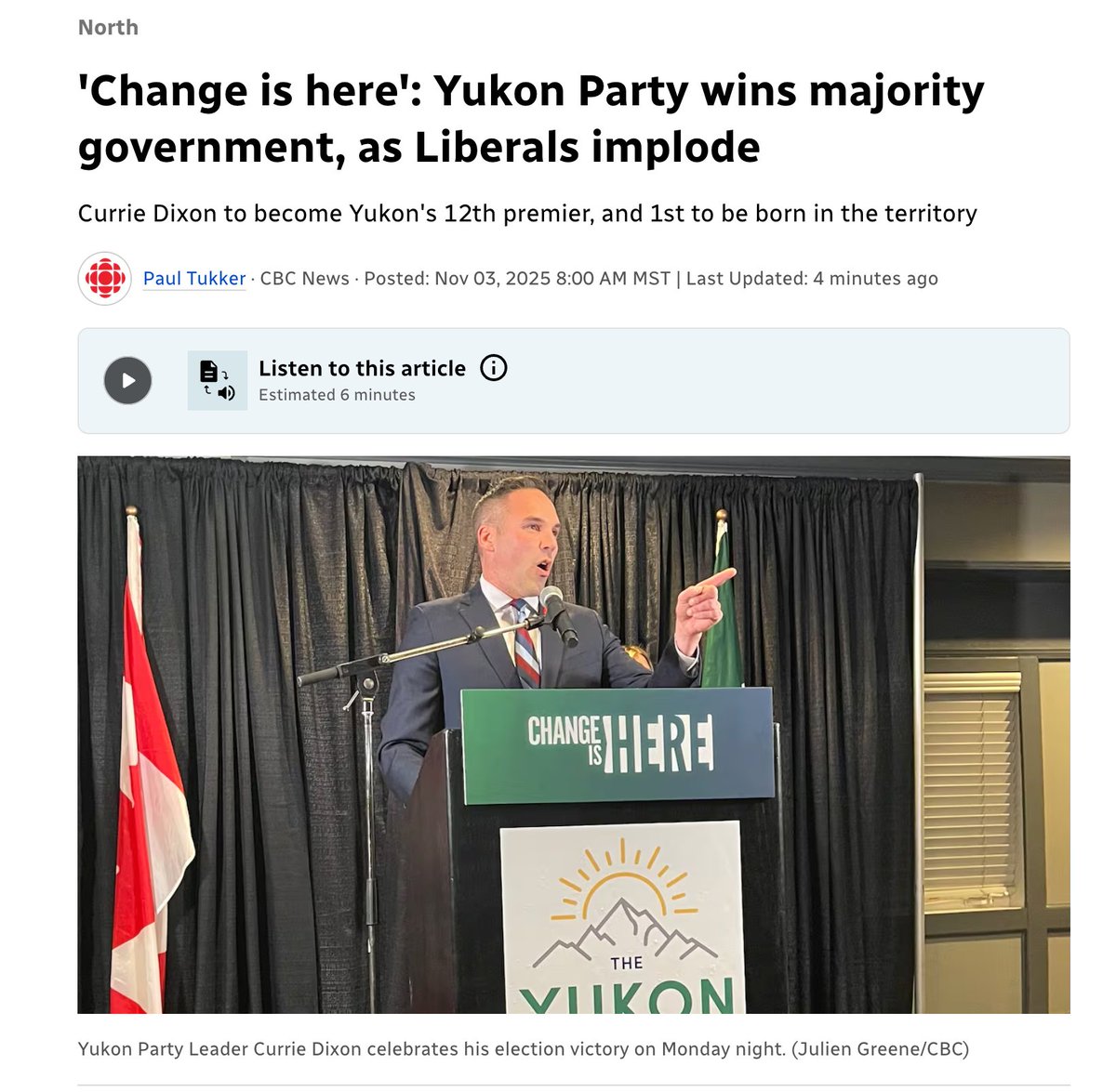 ⚡️LIBERALS IMPLODE⚡️

<a href="/CurrieDixon/">Currie Dixon</a> becomes the first YUKON BORN premier in the history of the territory and wins with a clear supermajority of both popular and electoral vote.

If the Yukon can do it, so can you Canada.

Shed the liberal cancer.