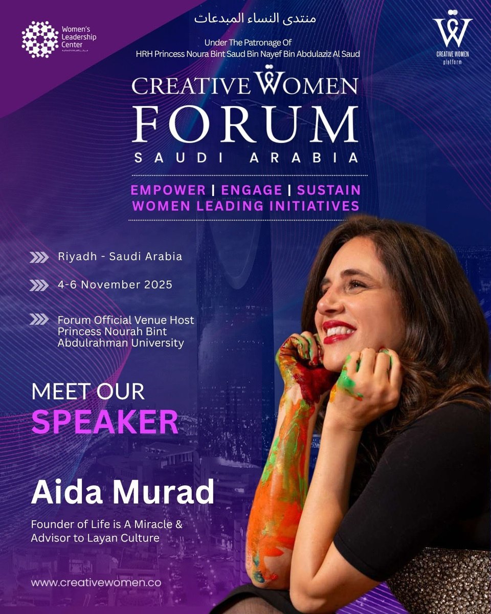 Excited to speak today at the Creative Women Platform under the patronage of HRH Princess Noura Bint Saud Bin Nayef Bin Abdulaziz Al Saud in #Riyadh 🎨✨ at 2:30 PM 🇸🇦

I’ll share how art can rewire your brain, preserve culture @layan_culture &amp; help make your dreams come true💫