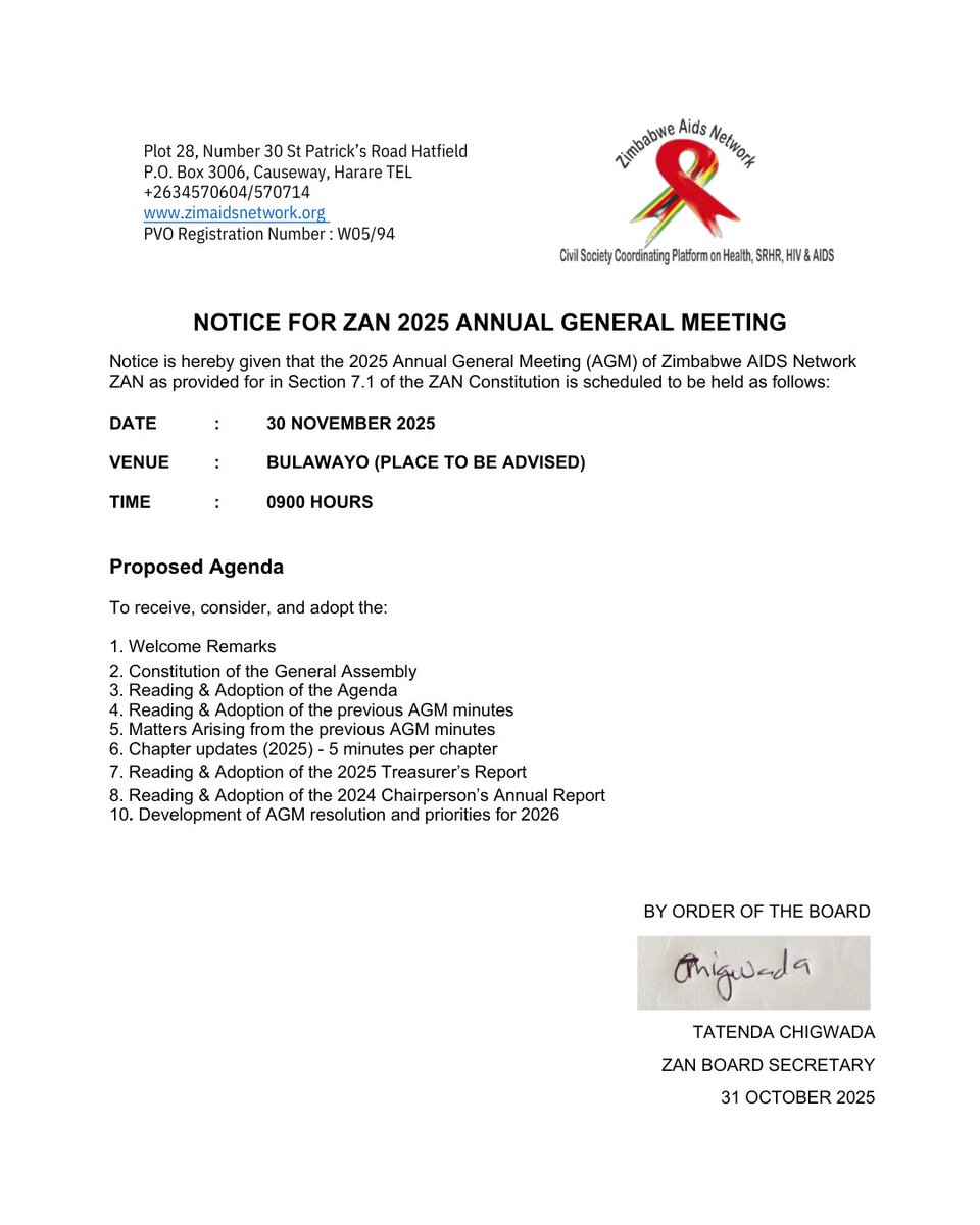 zimaidsnet's tweet photo. Mark your calendars! Zimbabwe AIDS Network is pleased to announce its 2025 Annual General Meeting on the 30th of November 2025 in Bulawayo.

Reflecting on 2025, planning for 2026. ☀️ See you in Bulawayo! https://t.co/jSDLwiMHvK