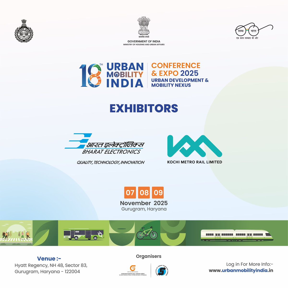 UMIConfExpo's tweet image. Proud to have Bharat Electronics Ltd. and Kochi Metro Rail Limited as exhibitors at the 18th Urban Mobility India Conference &amp;amp; Expo 2025!
📅 7–9 Nov 2025 | 📍 Gurugram, Haryana
#UMI2025 #UrbanMobilityIndia #SmartTransport #SustainableCities
@MoHUA_India @ut_MoHUA @mlkhattar…