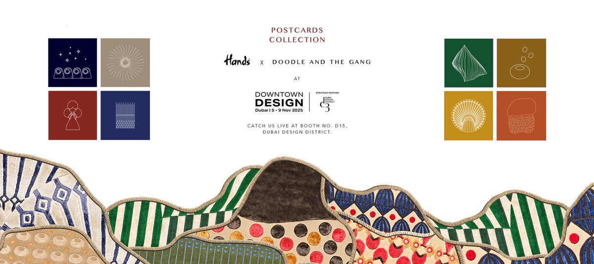 The journey continues.
Postcards by Hands × Doodle And The Gang
debuts at Downtown Design Dubai 2025.
Join us from 5–9 November
as stories of memory and craft come alive.

#HandsCarpets #HandsxDoodleandTheGang #PostcardsCollection #HandsatDowntownDesign #HandsatDD2025 #DTD2025