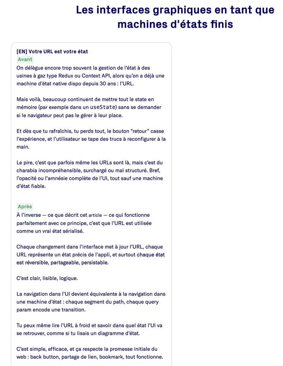 Votre URL est votre état ( alfy.blog/2025/10/31/you… ), un enième article qui confirme l'un des principes du livre: considérer "les interfaces graphiques en tant que machines d'états finis"