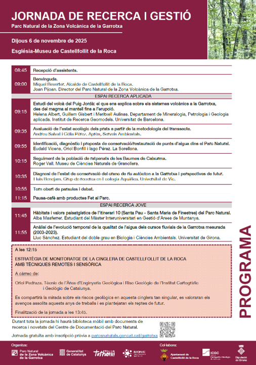 🔊Jornada de recerca i gestió del Parc Natural de la Zona Volcànica de la Garrotxa 
🗓️6/11/2025 
⌚️ de 9:00 h a 14:00 h
📍Església-Museu  Castellfollit de la Roca
ℹ️Més informació: parcsnaturals.gencat.cat/ca/detalls/Act…

No t'ho pots perdre!