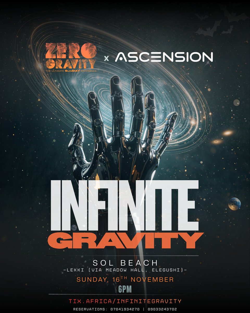 activitymf's tweet image. The universe aligns once again !!!!
Two forces collide - Zero Gravity Lagos x Asc3nsion Welcome to INFINITE GRAVITY

Save the Date !!  🔉

🗓️Sunday, Nov 16th
📍Sol Beach ELEGUSHI
🕛6PM till Infinity

#InfiniteGravity #ZeroGravityLagos #Ascension