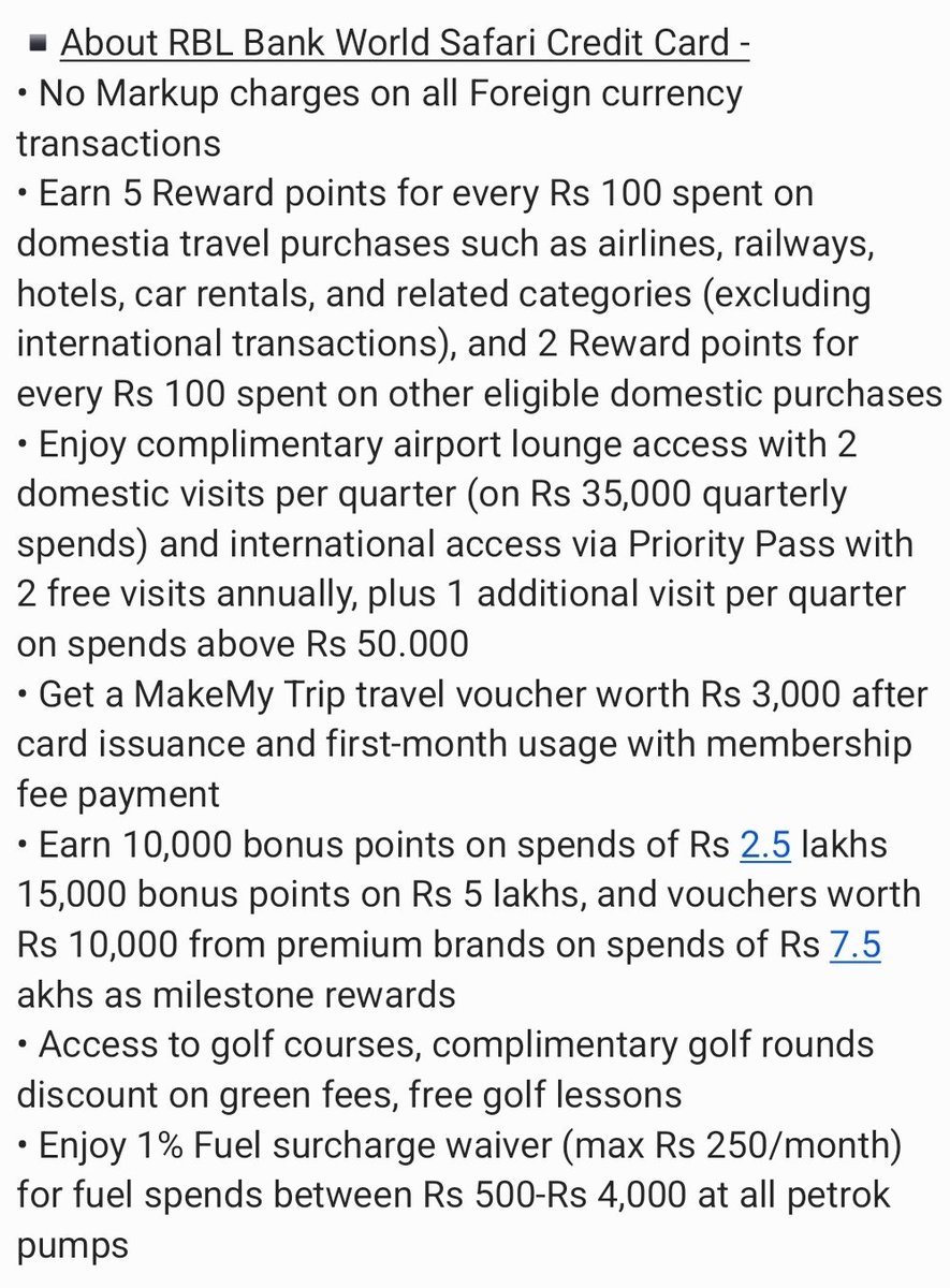 didoskeletons's tweet image. 💳 RBL Bank World Safari Credit Card
#worldsafari #creditcardguide
👉bitli.in/xi4sWuz

Joining Fee: Rs.3000 + GST
Annual Fee: Rs.3000 + GST
🔖Redeem Points: Fee of 99+GST for redeeming points on RBL Bank Credit Cards