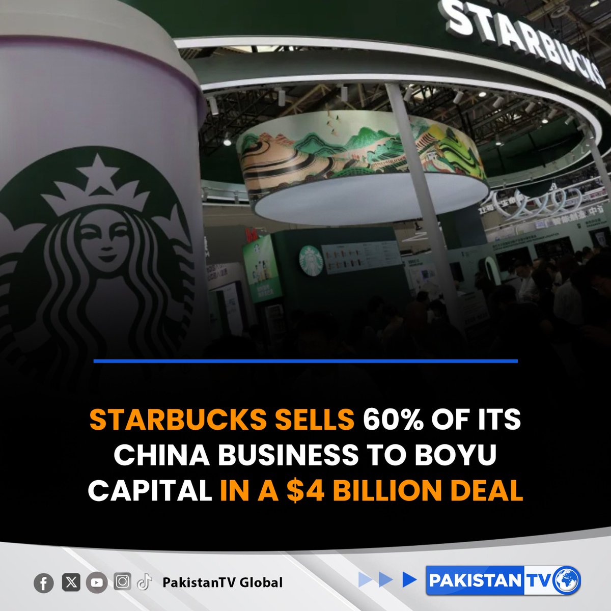 PakTVGlobal's tweet photo. Under the agreement, #Boyu will hold a 60% stake, while #Starbucks will retain the remaining 40%. The company values its total #China operations, including licenses & remaining stake, at over $13 billion.
#pakistantv #pakistantvglobal #NewsUpdate https://t.co/9DOaQP16wc