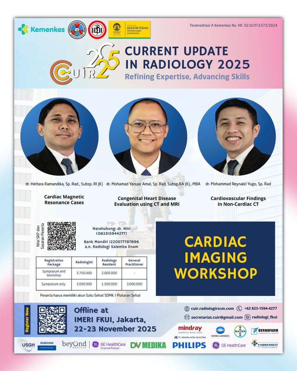 pp_pdsri's tweet photo. [CUIR 2025] 2/3

Get ready for CUIR 2025: Current Update in Radiology 2025 - two full days of insightful sessions and interactive workshops to sharpen your imaging skills.

Register today!
🗓 22-23 November 2025
📍 IMERI FKUI, Jakarta
🔗 https://t.co/gggRzTSvAo

#CUIR2025 #FKUI https://t.co/yZmrnStzM2