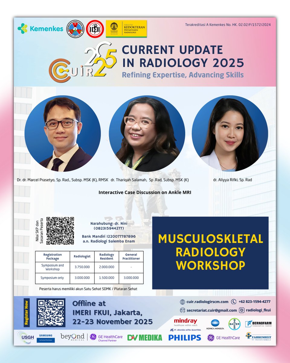 pp_pdsri's tweet photo. [CUIR 2025] 2/3

Get ready for CUIR 2025: Current Update in Radiology 2025 - two full days of insightful sessions and interactive workshops to sharpen your imaging skills.

Register today!
🗓 22-23 November 2025
📍 IMERI FKUI, Jakarta
🔗 https://t.co/gggRzTSvAo

#CUIR2025 #FKUI https://t.co/yZmrnStzM2
