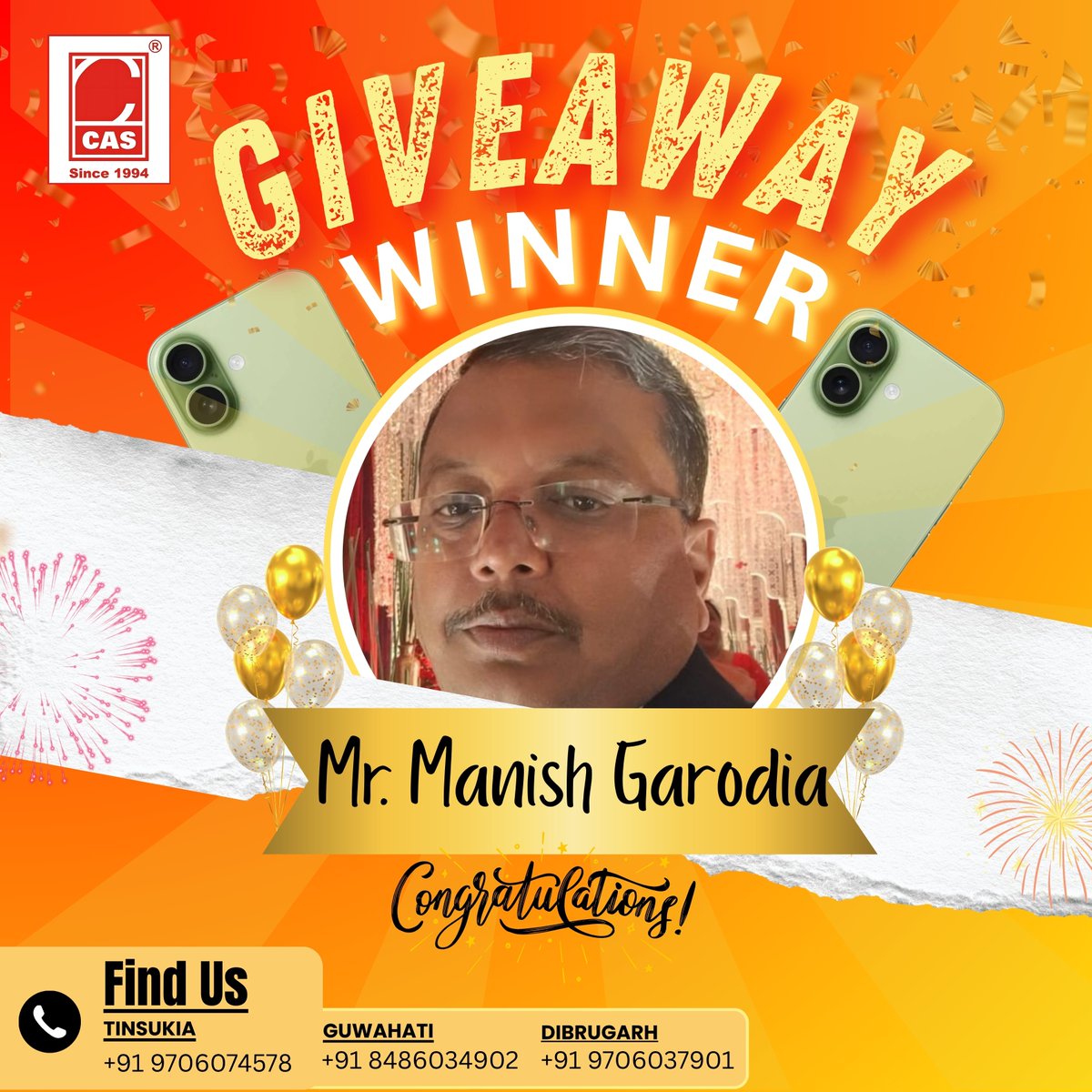 CAS_COMPUTERS's tweet photo. 🎉 Big Congratulations to Mr. Manish Garodia — our Giveaway Winner! 🥳

Your brand-new Iphone 17 is on the way! 📱✨

Thank you for being a part of the CAS Family ❤

#Assam #arunachalpradesh #cascomputers #Giveaway #winner #viral #explorerpage https://t.co/Qv67wjn7F3
