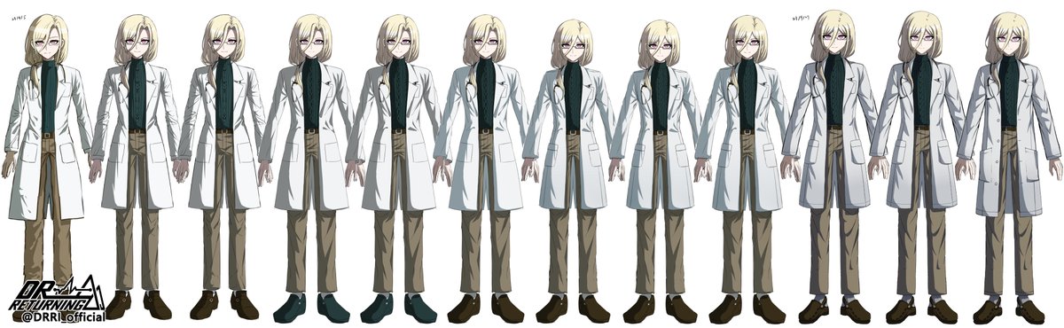 #DRRI_official   

【超kk級の研修医】白江 柊一郎  
最初から決定案までの変更点まとめ  
➀ ヤジルシが大体のデザインを決まっていて、それから髪型、服の形＆色、セーター、靴デザインを調整しただけ
② APP18の傾国顔（？）設定なので、顔周りと目の形の解釈違いでヤジルシとバトった覚えが
