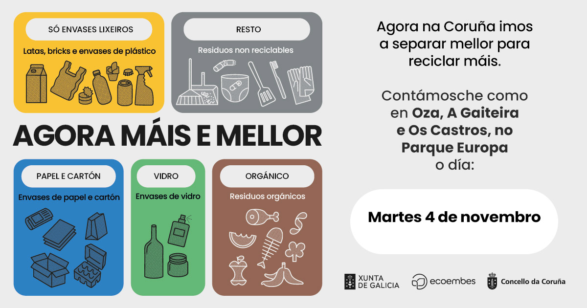 ♻️ Na Coruña estamos a #SepararMellorParaReciclarMáis, e queremos contar contigo. 

ℹ️ Achégate ás carpas informativas do Concello e resolve as túas dúbidas sobre a nova forma de separar e recoller os residuos urbanos: i.gal/quintocontedor

📍 Hoxe, no Parque Europa!