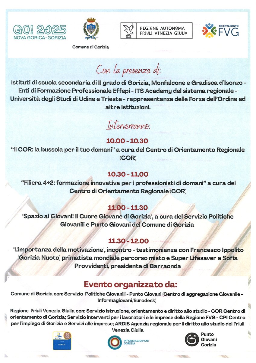 GIORNATA DELL'ORIENTAMENTO READY2GO!
11 Novembre 2025
DALLE 9:00 ALLE 15:00
U.G.G. in Piazza Cesare Battisti a GORIZIA
CI SAREMO PURE NOI DI #protezionecivile #Gorizia
VI ASPETTIAMO!
#socialmediacomunityfvg #volontaridivalore #iosonofriuliveneziagiulia