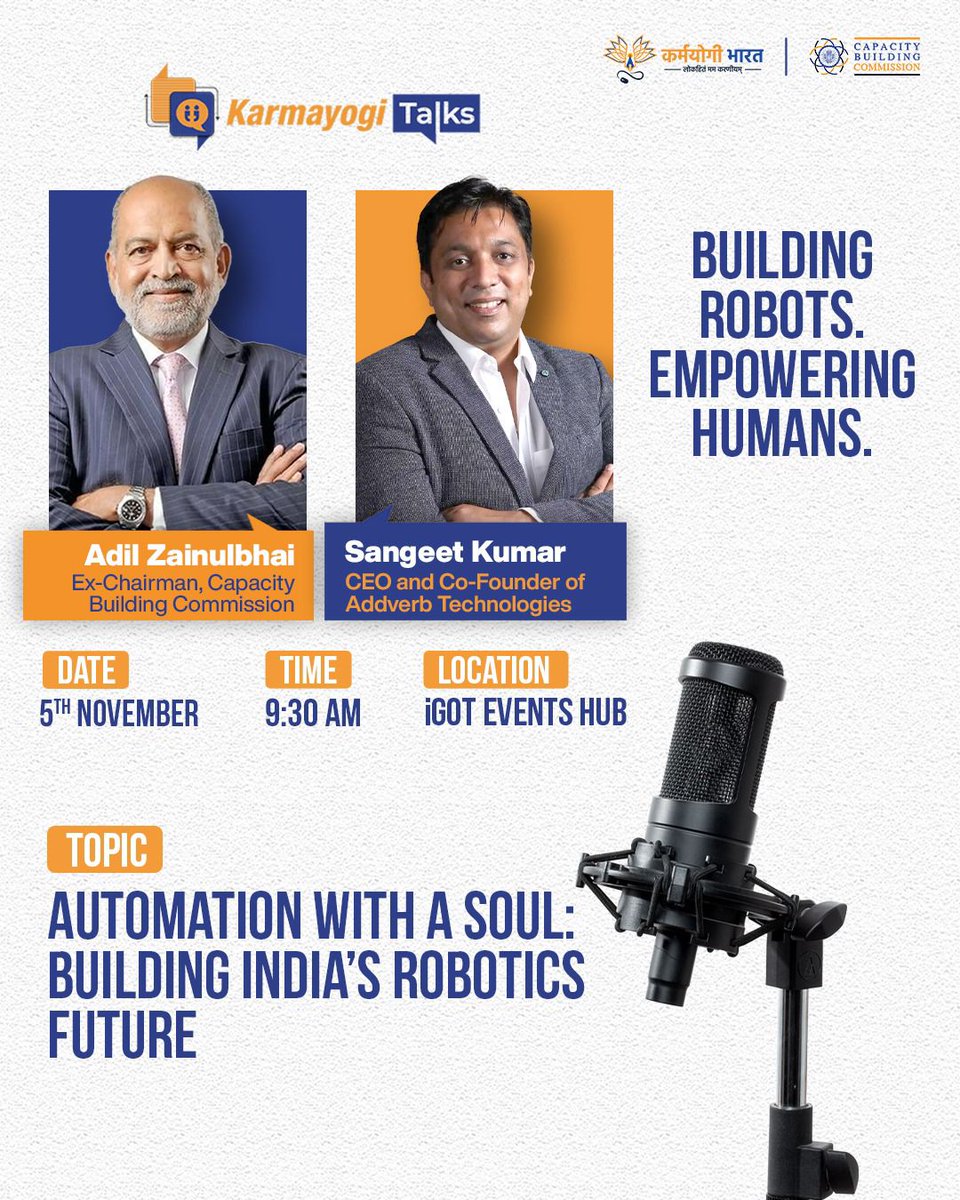 CBC_MK's tweet image. Join the 46th episode of #KarmayogiTalks with Sangeet Kumar, CEO and Co-Founder of @Addverb_Tech, in convo with @AdilZainulbhai Ex-Chairman, CBC, on ‘Automation with a Soul: Building India’s Robotics Future’, on 5th November at 9:30 AM!

Watch here: portal.igotkarmayogi.gov.in/app/event-hub/…
