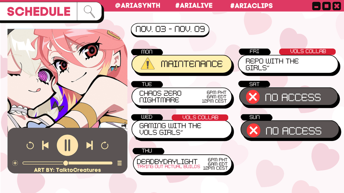 rikusynth's tweet photo. Horror week and playing with the vols girlies before my vessel flies out for her work trip for a week wahhh im gonna miss my lovely synthizens so let's spend lotsa time together ogei!
General: #AriaSynth
Art: #AriaCreate
LIVE: #AriaLIVE
Clips: #AriaClips
Memes: #AriaHehe
🎨@/TalktoCreatures
