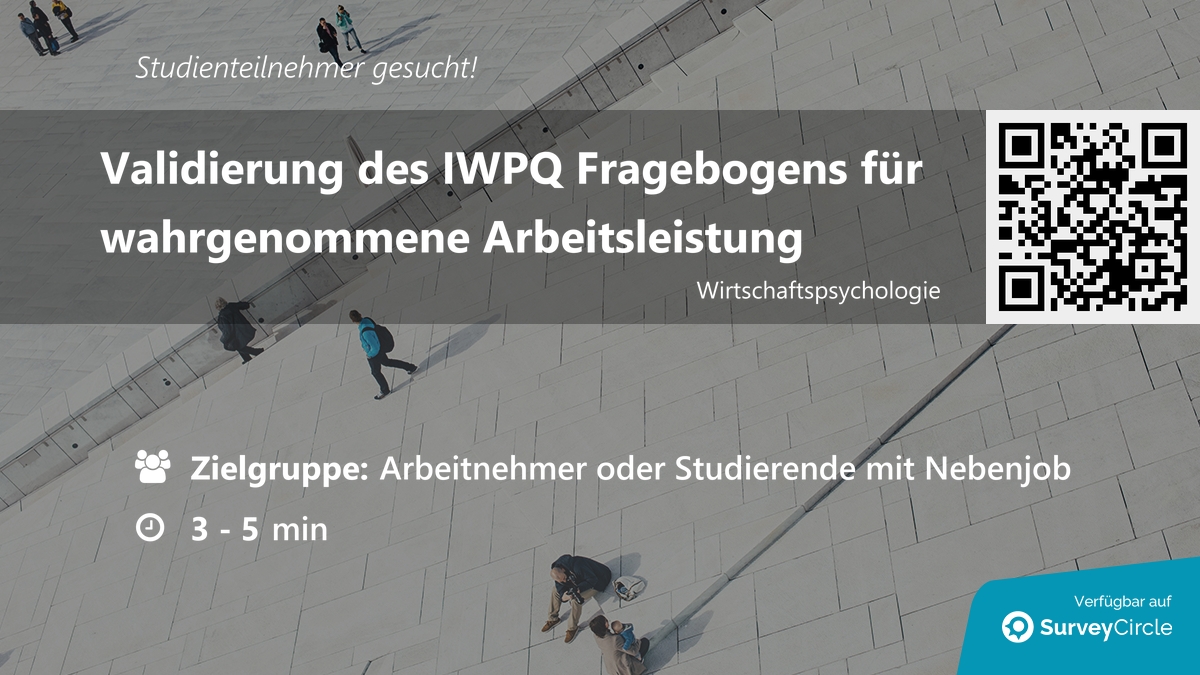 daily_research's tweet image. Teilnehmer für Online-Studie gesucht!

Thema: &quot;Validierung des IWPQ Fragebogens für wahrgenommene Arbeitsleistung&quot; surveycircle.com/JDF4F8/ via @SurveyCircle

#performance #validierung #fragebogen #iwpq #umfrage #surveycircle