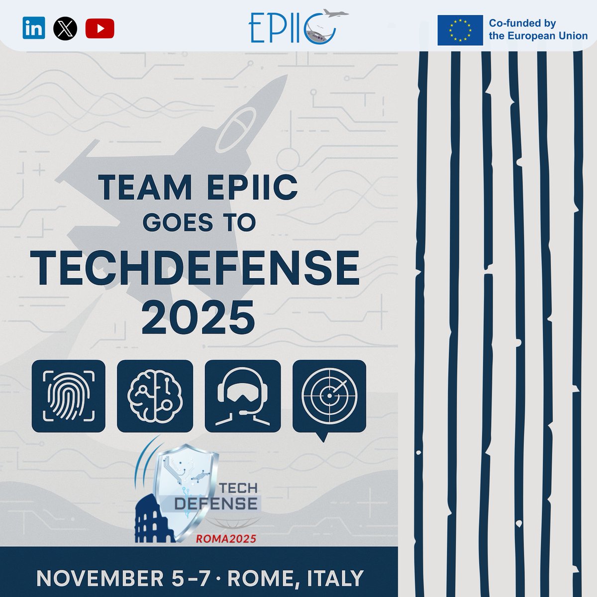 🛫 Team EPIIC joins #TechDefense2025 in Rome (Nov 5–7)!

🔹 TECNOBIT – Mixed-Criticality Display Tech
🔹 INSTA – Breath-by-Breath Pilot Monitoring
🔹 Next2U – Cognitive Workload Detection
Pushing cockpit innovation further.

#EPIIC #EDF #HMI #FighterPilot #Aerospace