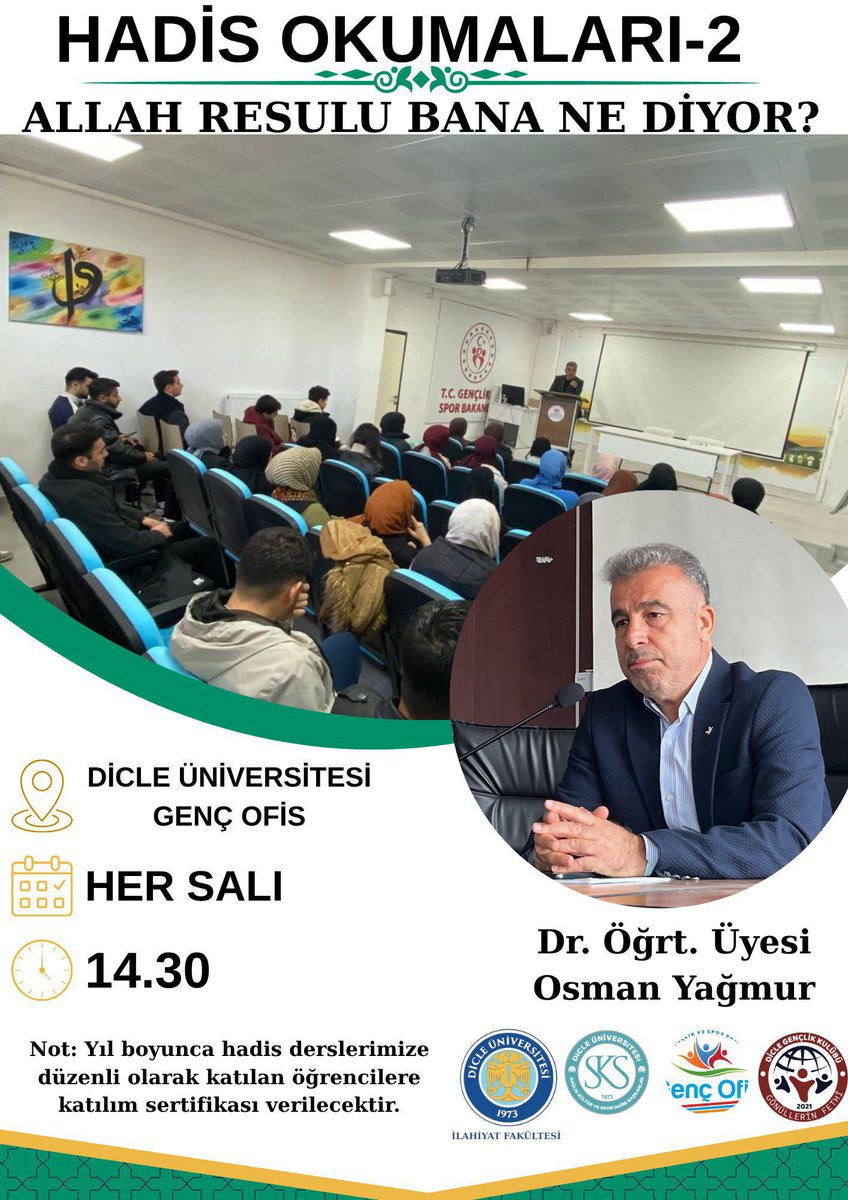 📚 *Riyâzü’s-Sâlihîn Dersleri Başlıyor!* 
Kıymetli hocamız *Osman yağmur* hocamızın isteği üzerine *Salı Günleri* hadis okumaları dersimize  başlıyoruz. Derslerimiz her salı günü olacaktır.
📖 *Okunacak Eser* : *Riyâzü’s-Sâlihîn* 
📍 *Yer*: *Dü Genç Ofis
⏳ *Saat:14:30* 
🗓️ Salı