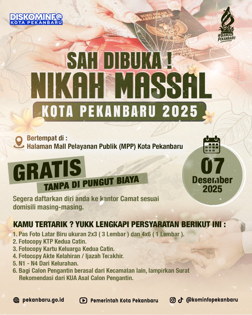 maswir42's tweet photo. Nikah Massal Gratis Pemko Pekanbaru Sudah Didaftar 43 Calon Pasutri https://t.co/yrwFvZ9Imi
#nikah #massal #gratis #pemko #pekanbaru #pasutri https://t.co/3XCpfPD5iN