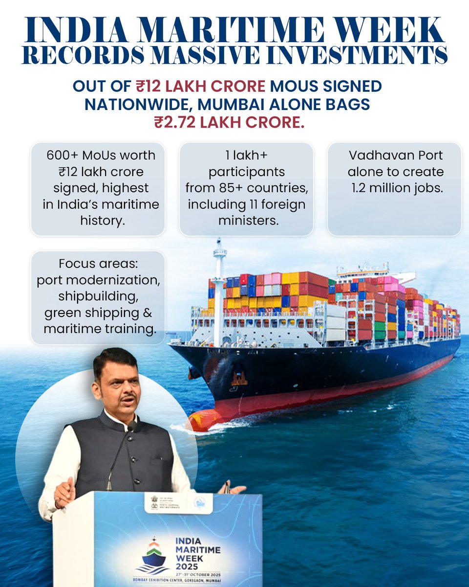 India Maritime Week 2025 marks a turning point for coastal development. Kudos <a href="/Dev_Fadnavis/">Devendra Fadnavis</a>. 👏