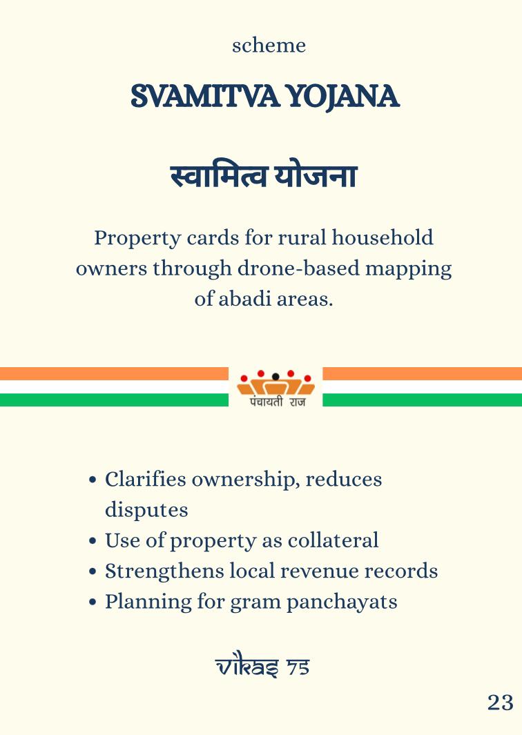 SujeetKOfficial's tweet image. #KnowYourScheme

#SvamitvaYojana provides property cards for rural household owners through drone-based mapping of abadi areas. It clarifies ownership, reduces disputes and strengthens local revenue records. The scheme involves mapping rural inhabited areas (Abadi lands) using…