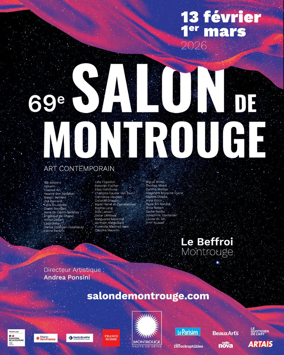Save the date !

🌟 Le 69e Salon de Montrouge revient du 13 février au 1er mars 2026.

☄ Découvrez la nouvelle scène de l’art contemporain avec une sélection de 40 artistes émergents sous la direction artistique d’Andrea Ponsini.

📍Le Beffroi, Montrouge