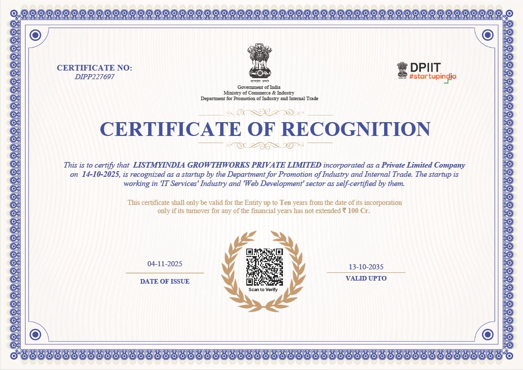 listmyindia's tweet photo. Congratulations, we are now a DPIIT Certified Startup. 😊 https://t.co/LtPk7BdHln https://t.co/gZTNYVwPm4