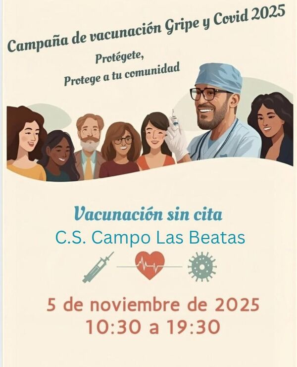 💉 Campaña de vacunación de gripe y covid sin cita previa 👉 Este miércoles en el Centro de Salud del Campo de las Beatas de 10.30 a 19.30 horas. #AlcaládeGuadaíra