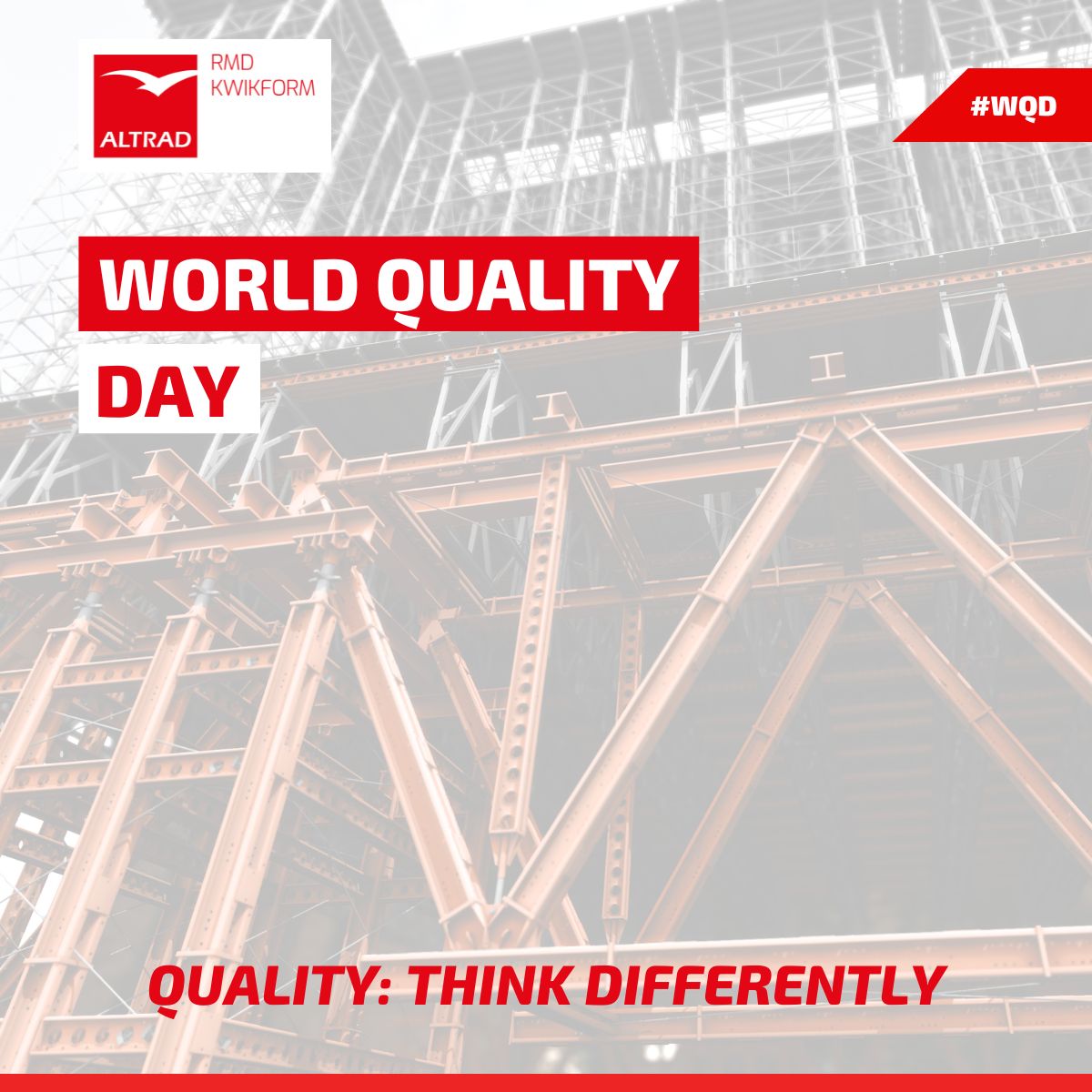 RMDKwikform's tweet image. Today is World Quality Day. 🛡️

This year’s theme, “Quality: think differently,” encourages smarter, safer and more effective ways of working.

At Altrad RMD Kwikform, quality and safety guide every design, every decision, every project.

#WorldQualityDay #QualityThinkDifferently