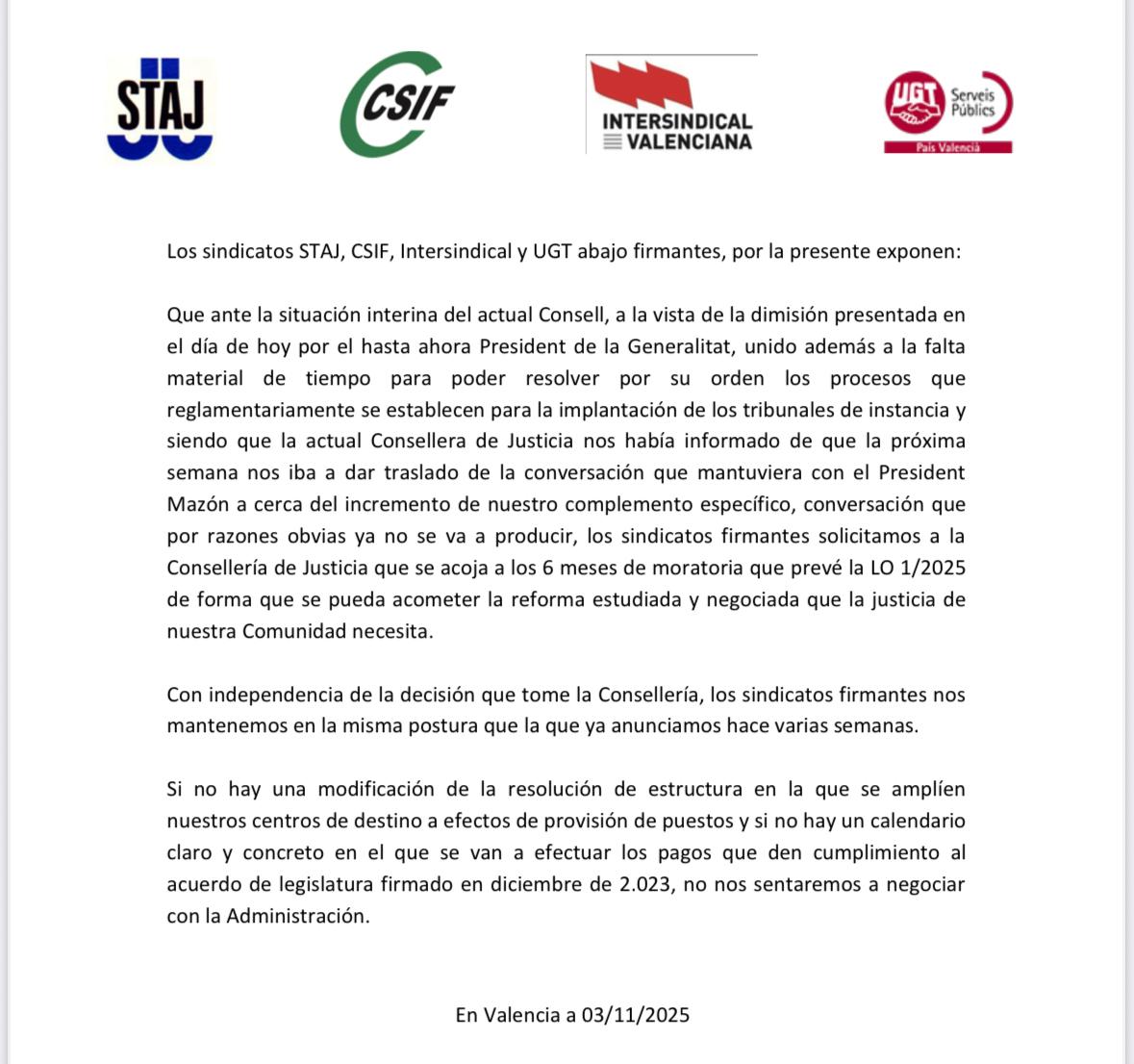 Los sindicatos de justicia Valencianos rompen negociación con la Consellería. Hoy no han asistido a la mesa sectorial. Los últimos en sueldo y los prime. trabajo. Y señalando juicios para 2028. <a href="/GVApresidencia/">Presidència GVA</a> <a href="/lasprovincias/">LAS PROVINCIAS</a>  <a href="/levante_emv/">Levante-EMV</a>  <a href="/Confilegal/">Confilegal</a>  <a href="/GVAjusticia/">GVA Justicia y AAPP</a> <a href="/valenciaplaza/">Valencia Plaza</a>