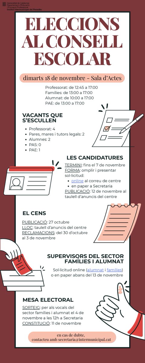 interpenedes's tweet photo. ATENCIÓ! Convocatòria d'eleccions al consell escolar. La implicació és la clau.
Presentació de candidatures fins al divendres 7 de novembre. https://t.co/MPaD39toiO