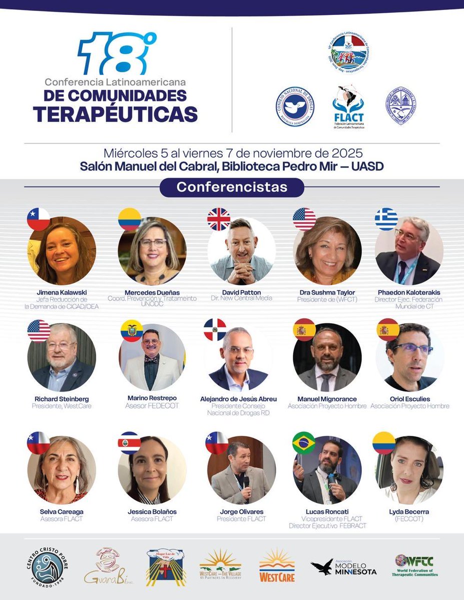 ProyectoHombre_'s tweet photo. 🌎Del 5 al 7 de noviembre, la Delegación Internacional de #ProyectoHombre participará en la 18ª Conferencia Latinoamericana de Comunidades Terapéuticas, en Santo Domingo 🇩🇴, invitados por la Federación Latinoamericana de Comunidades Terapéuticas #FLACT https://t.co/SBMLQQXa2P