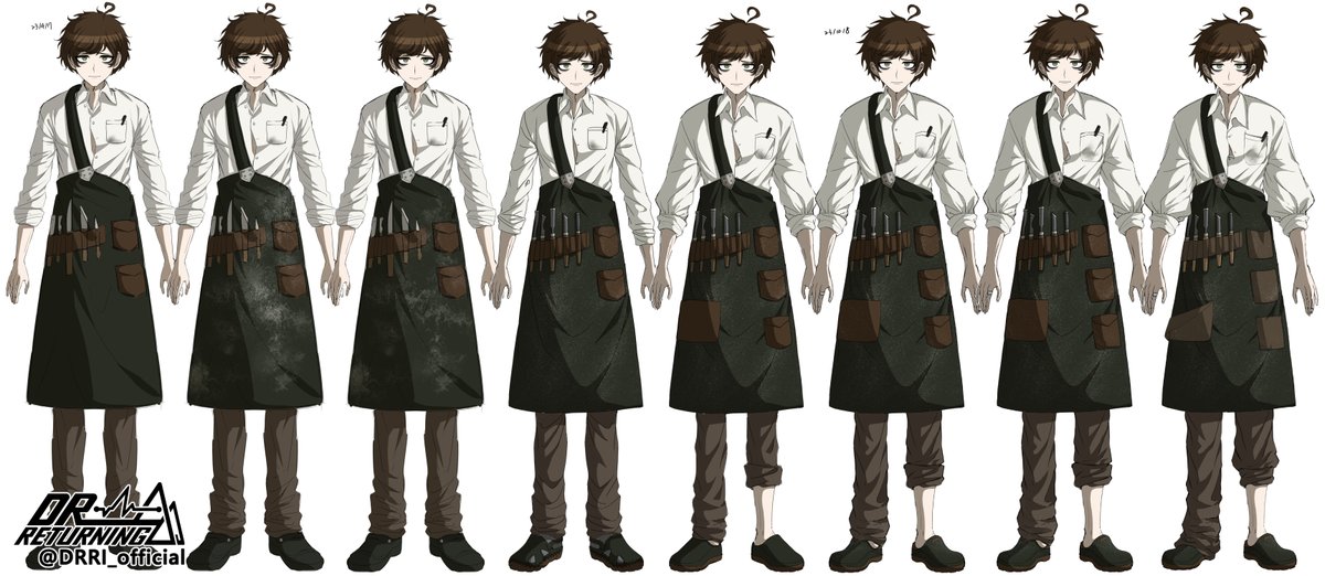 #DRRI_official   

【超kk級の彫刻家】影下 栗羽  
最初から決定案までの変更点まとめ  
➀ ヤジルシからの要望で、最初からだらしない恰好＆不運そうな見た目
② それからセッコウをエプロンに追加＆エプロンポケットがほづれる＆猫背＆サイズが合わないシャツとズボンの着用で外見への無頓着を演出