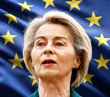 First image shows a woman with blonde hair and blue eyes, wearing a green jacket, positioned in front of a blue background with yellow stars representing the European Union flag. Second image depicts two older men in formal suits, one with gray hair facing forward with wide eyes and an open mouth, the other with short gray hair looking sideways, both wearing ties and lapel pins.