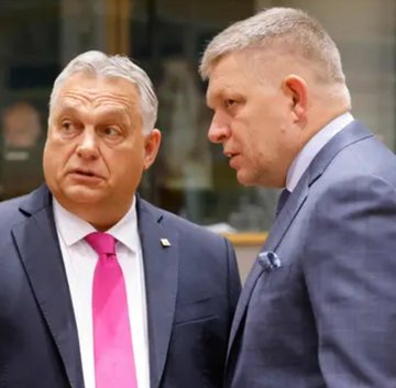 First image shows a woman with blonde hair and blue eyes, wearing a green jacket, positioned in front of a blue background with yellow stars representing the European Union flag. Second image depicts two older men in formal suits, one with gray hair facing forward with wide eyes and an open mouth, the other with short gray hair looking sideways, both wearing ties and lapel pins.