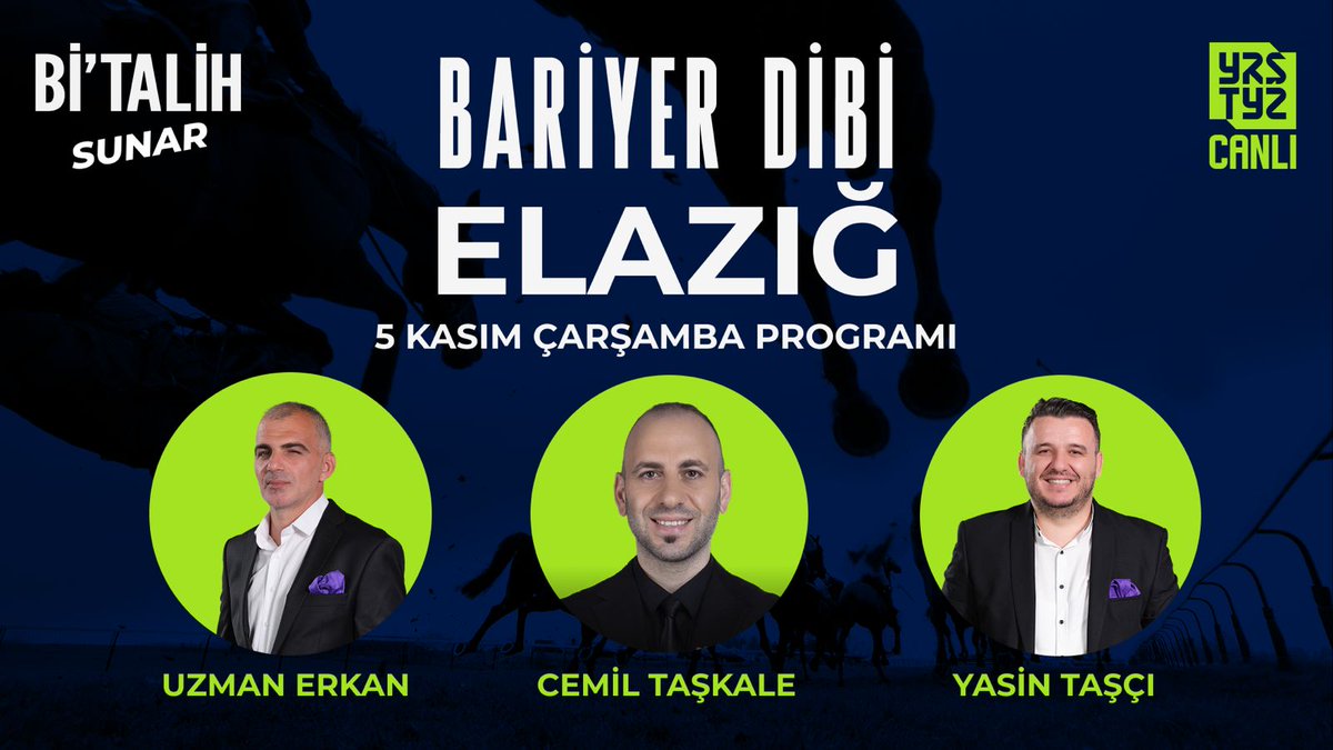 🎬 <a href="/geldibitalih/">Bitalih</a>'in sunduğu #BariyerDibi her gün deneyimli moderatörleri ve uzman yorumcularıyla #Yarıştayız kanalında!

🗣 Bu akşam 21.20'de <a href="/cemiltaskale/">Cemil Taşkale</a> moderatörlüğünde <a href="/uzman_erkan/">Prof.Uzman Erkan</a> ve <a href="/yasintasci3535/">Yasin Taşçı ☆ ☆ ☆ ☆ ☆</a> "5 Kasım Çarşamba" günü koşulacak Elazığ yarışını CANLI yayında yorumluyor.